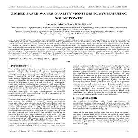 Zigbee based water quality monitoring system using solar power
