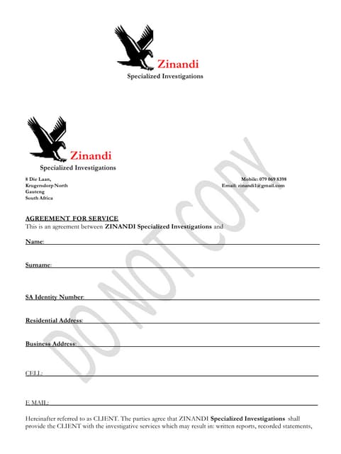 Zinandi Agreement For Service