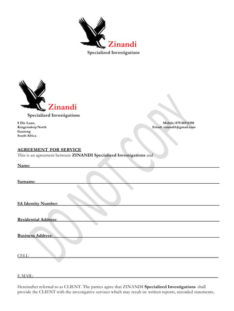 Zinandi Agreement For Service