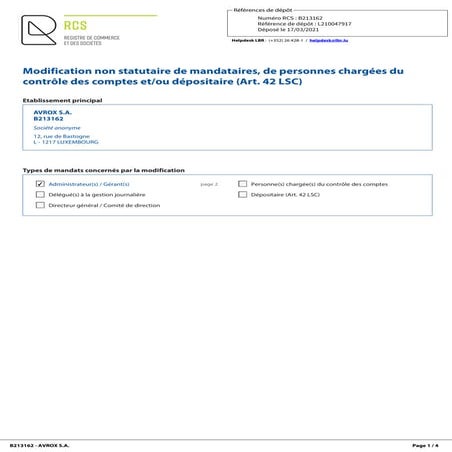 AVROX -  Modification non statutaire de mandataires
