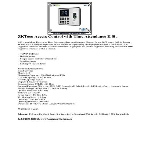 Zk teco access control with time attendance k40