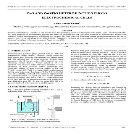 Zno and znopbs heterojunction photo electrochemical cells