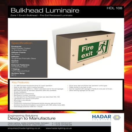 Zone 1 (ATEX) Bulkhead Fluorescent Fire Exit Luminaire - HDL108, (32 Watts)