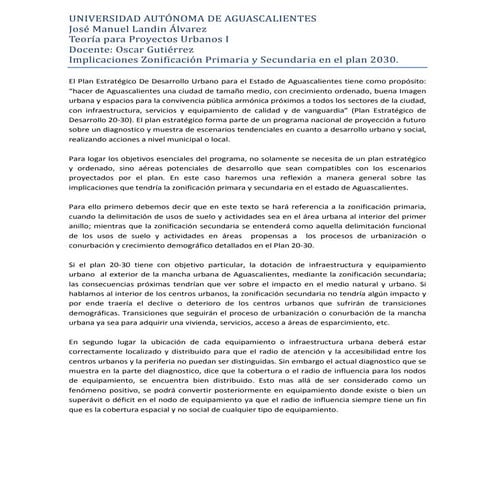 Implicaciones Zonificación Primaria y Secundaria en el plan 2030.