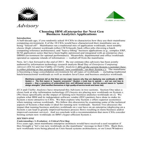 Choosing IBM zEnterprise for Next Gen Business Analytics Applications