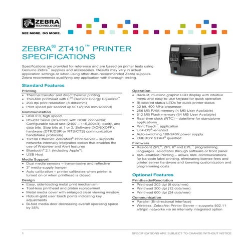 ZT410 - Especificações