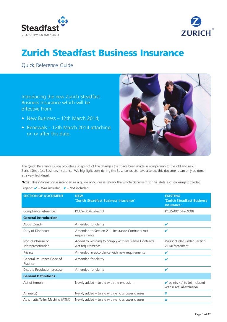 Zurich Steadfast Business Insurance Quick Reference Guide Zurich Steadfast Business Insurance Quick Reference Guide