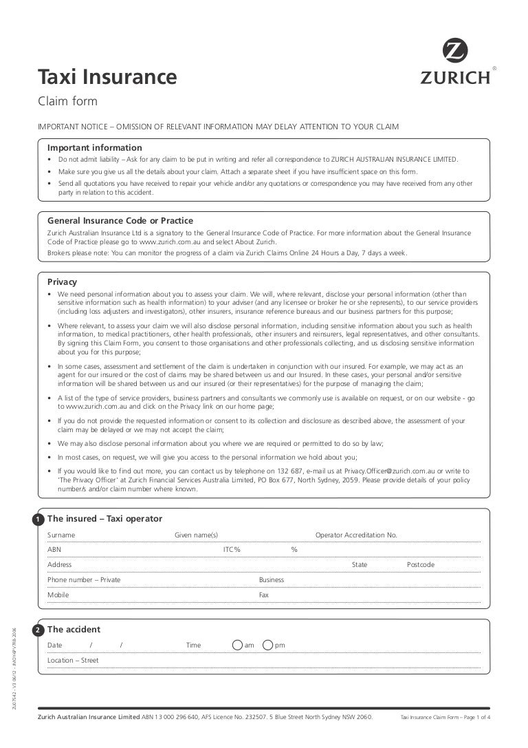 Zurich Taxi Claim Form