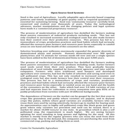 Open Source Seed Systems ~ Centre for Sustainable Agriculture | PDF