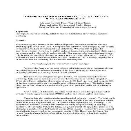 Interior Plants for Sustainable Facility Ecology and Workplace Productivity